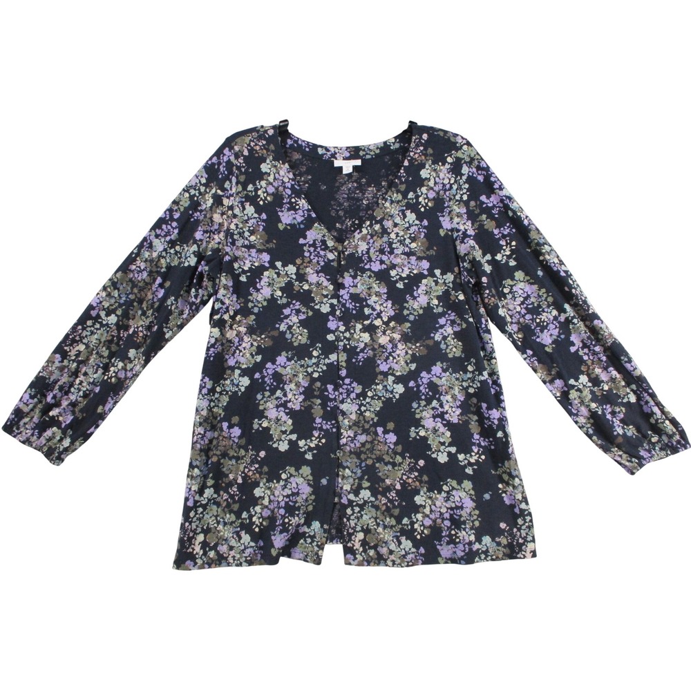 J.‎ Jill Womens Floral Button Front Knit Top Navy Purple V-Neck Medium Petite